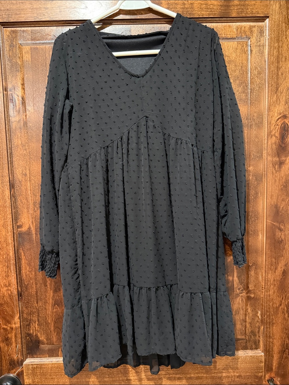 Black Swiss Dot V-Neck Long Sleeve Tiered Dress